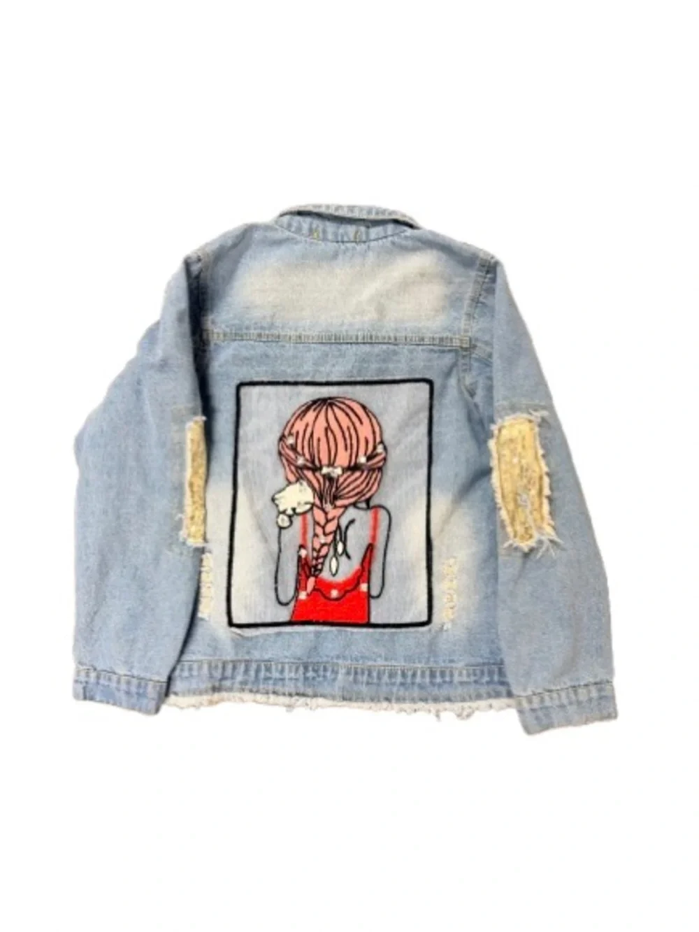 Girls Distressed Denim Jacket Size 140 Size 9-10 Embroidered Graphic Sequin Boho